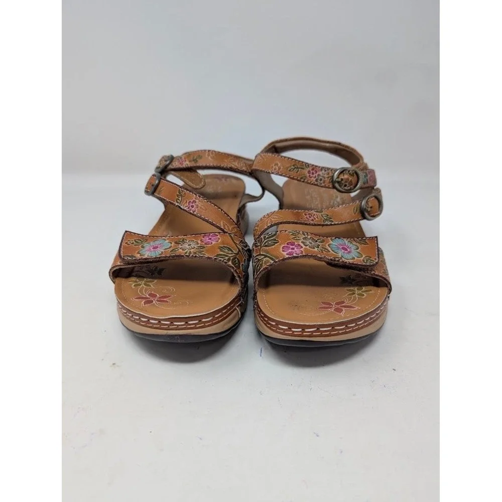 L'Artiste by Spring Step Sweetened Leather Sandals Brown Floral Wedge sz 37 US 7